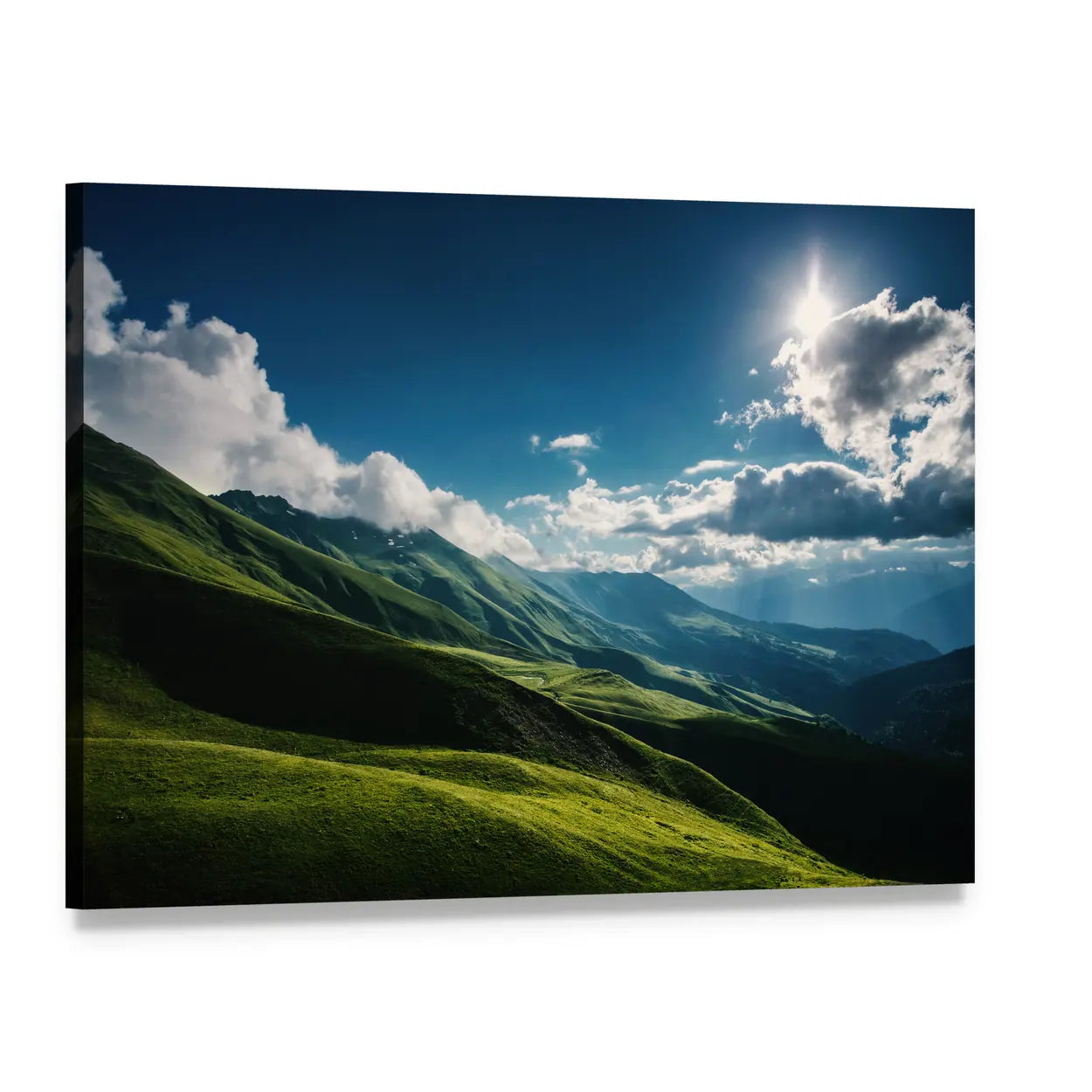 Sunlit Green Mountain Landscape Canvas Wall Art, single panel gallery wrapped canvas, angled product view