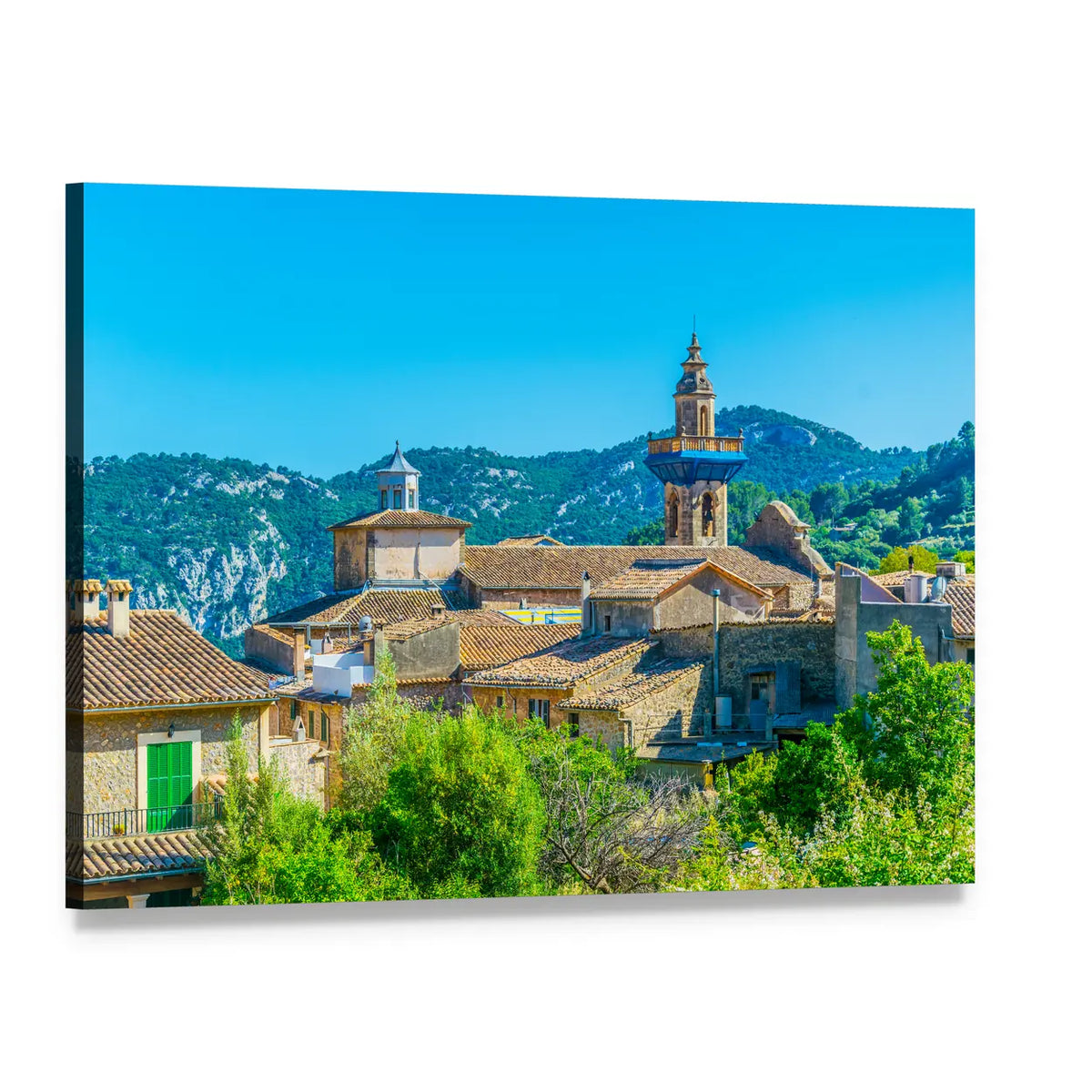 Valldemossa Village with Catholica Church Canvas Wall Art, single panel gallery wrapped canvas, angled product view