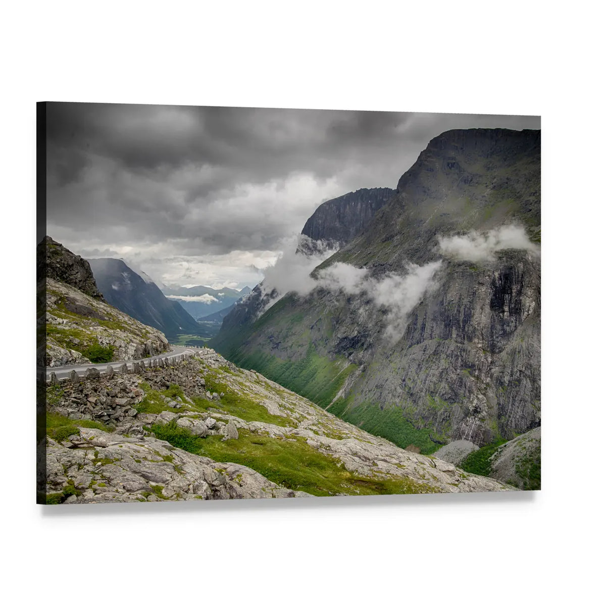 Winding Mountain Road Through Fog Canvas Wall Art, single panel gallery wrapped canvas, angled product view