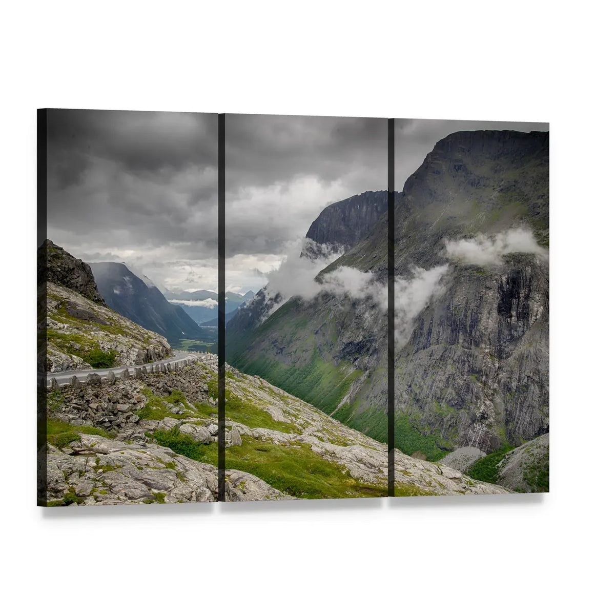 Winding Mountain Road Through Fog Canvas Wall Art, 3 panel 3 Horizontal layout gallery wrapped canvas set, angled product view