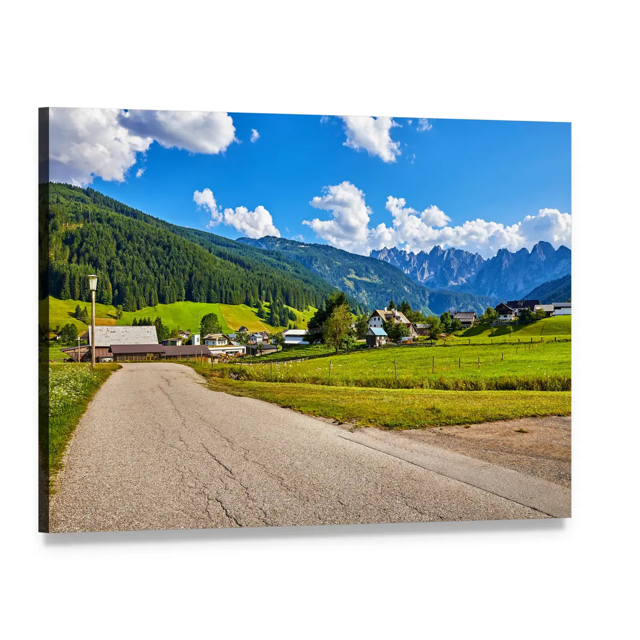 Austria Country Road Through Mountain Village Canvas Wall Art, single panel gallery wrapped canvas, angled product view