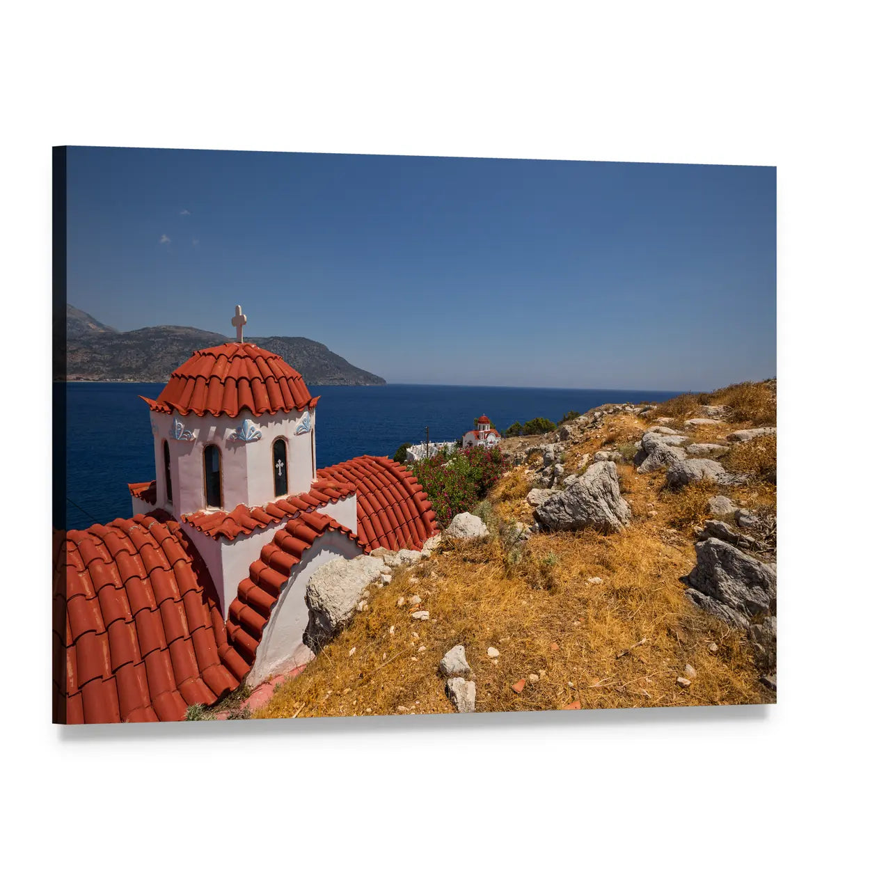 Red-domed Church on Karpathos Island Canvas Wall Art, single panel gallery wrapped canvas, angled product view