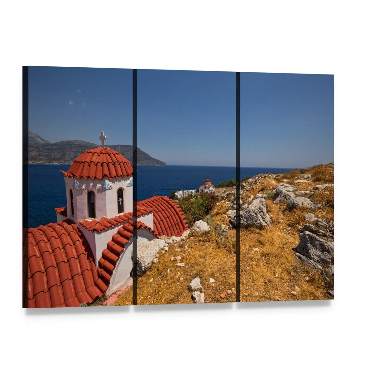White Church with Red Roof by the Sea Canvas Wall Art, 3 panel 3 Horizontal layout gallery wrapped canvas set, angled product view