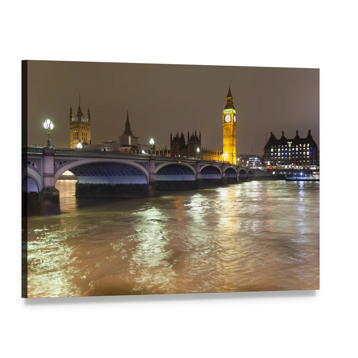 Big Ben at Night, London Canvas Wall Art, single panel gallery wrapped canvas, angled product view