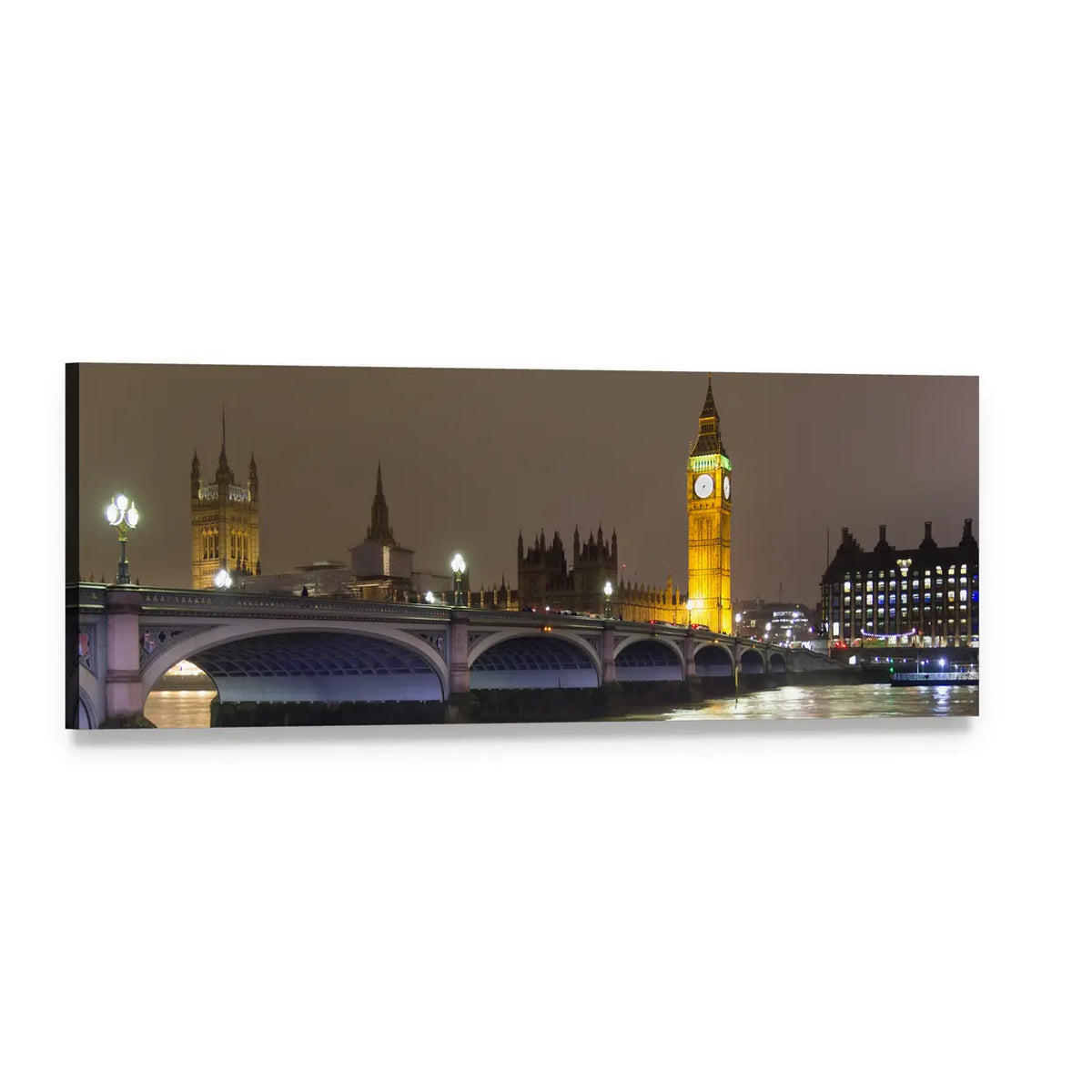 Big Ben at Night, London Panoramic Canvas Wall Art, single panel gallery wrapped canvas, angled product view