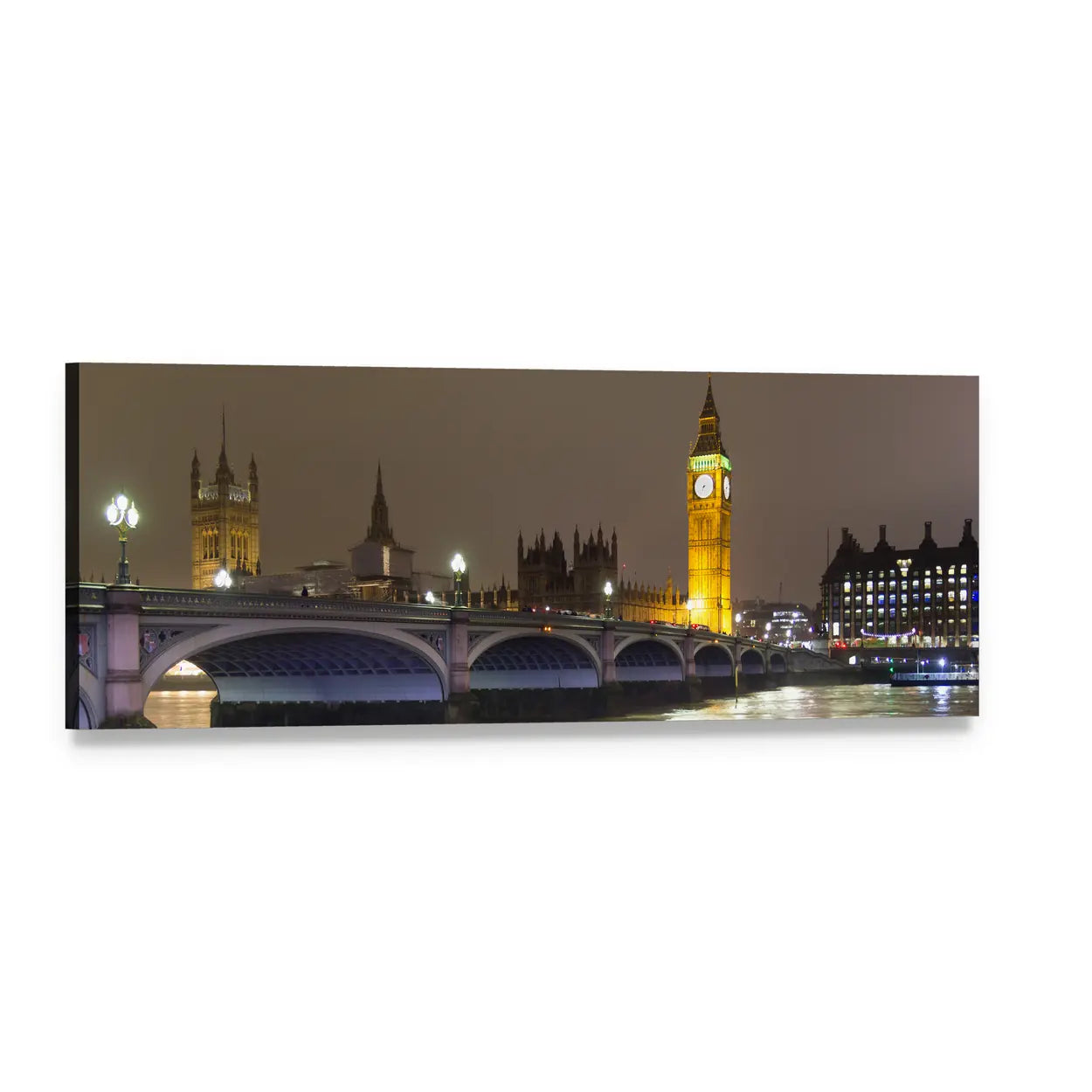 Big Ben at Night, London Panoramic Canvas Wall Art, single panel gallery wrapped canvas, angled product view