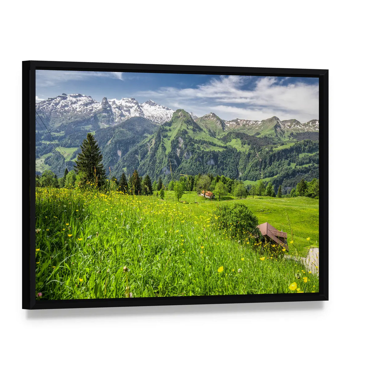 Swiss Alps Panorama Canvas Wall Art, framed canvas in a black floater frame, angled product view