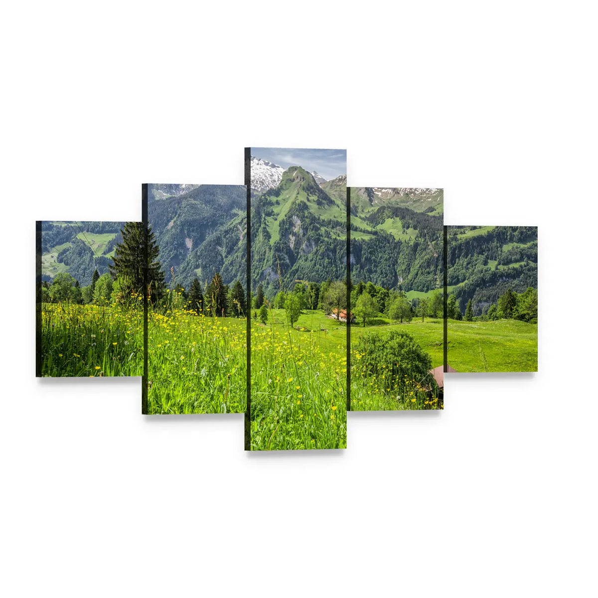 Swiss Alps Panorama Canvas Wall Art, 5 panel 5 Star layout gallery wrapped canvas set, angled product view