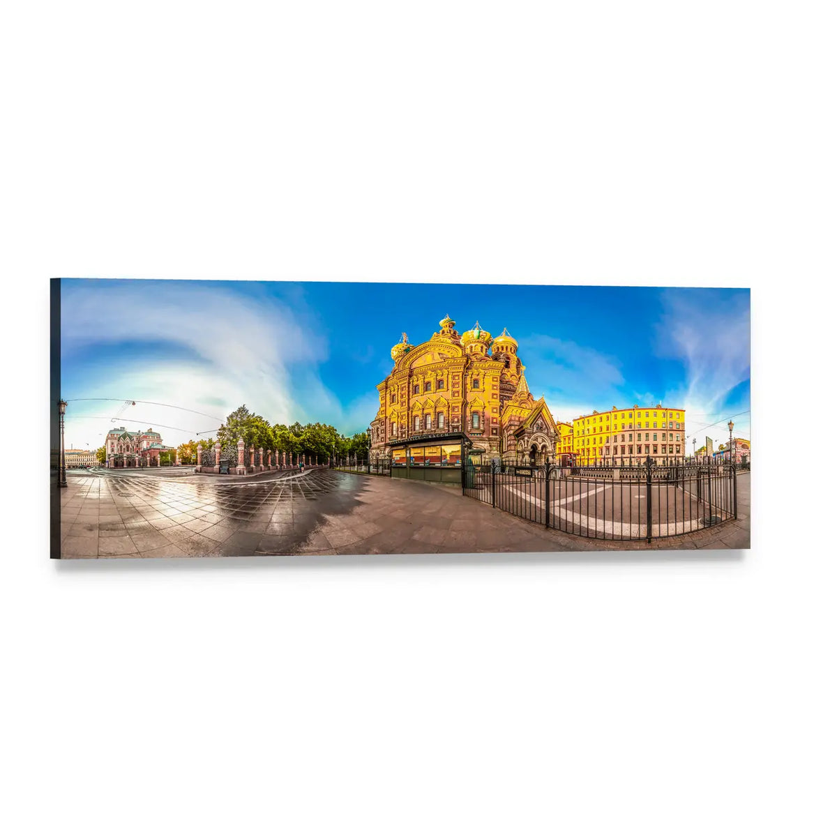 Church of the Savior with Golden Domes Panoramic Canvas Wall Art, single panel gallery wrapped canvas, angled product view
