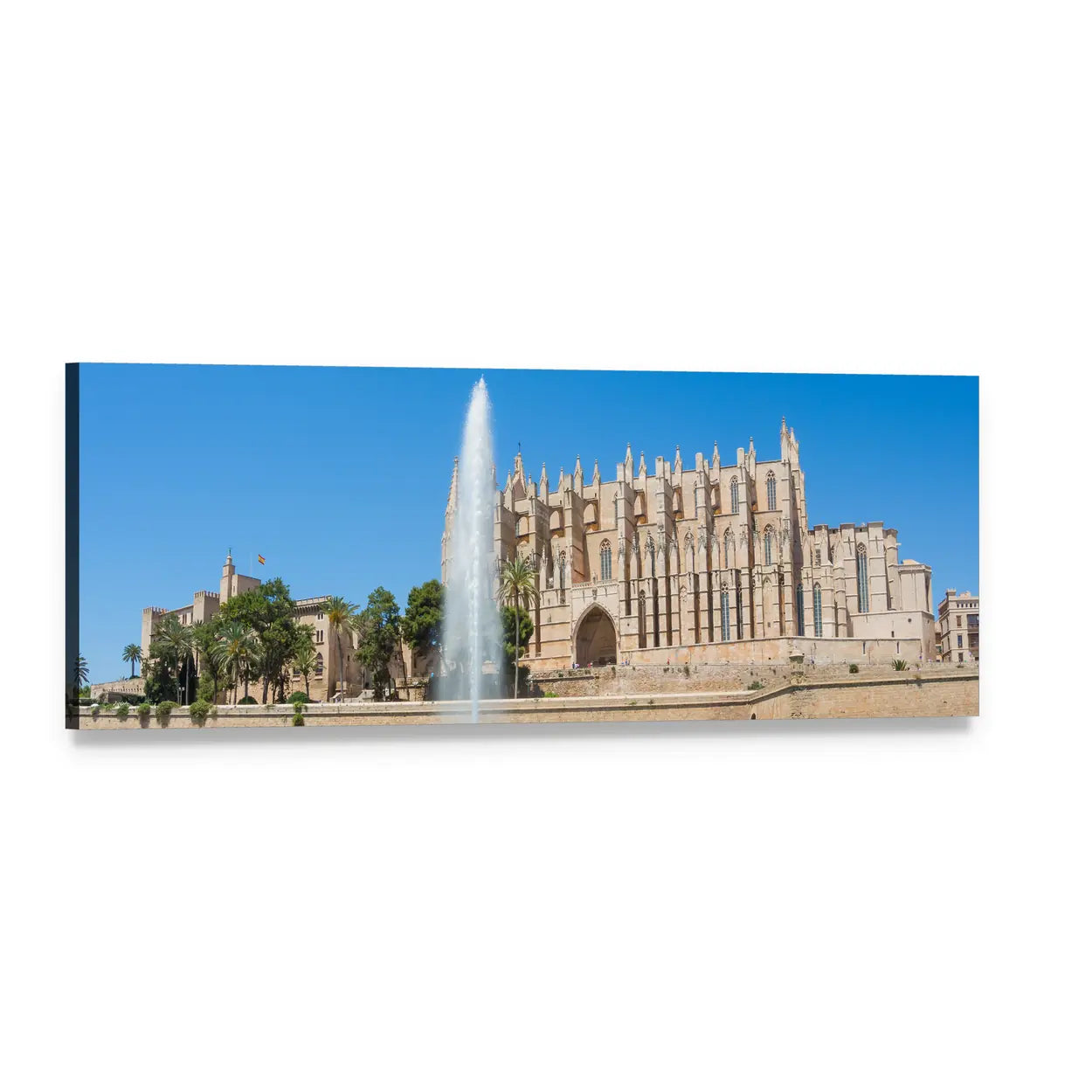 Palma Cathedral with Fountain and Palm Trees Panoramic Canvas Wall Art, single panel gallery wrapped canvas, angled product view
