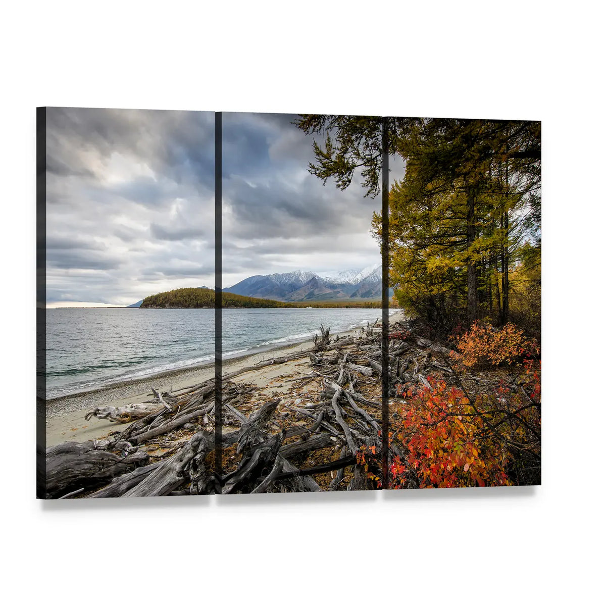 Lake and Mountains of Siberia Canvas Wall Art, 3 panel 3 Horizontal layout gallery wrapped canvas set, angled product view