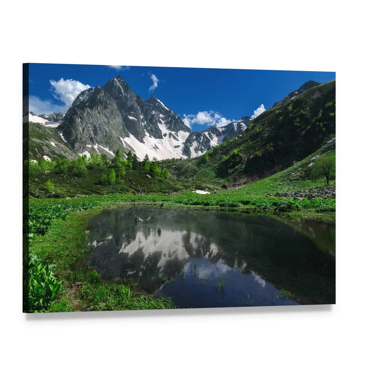 Snow Mountain Reflection Canvas Wall Art, single panel gallery wrapped canvas, angled product view