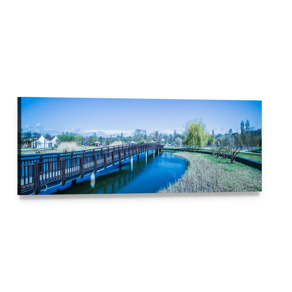 Wooden Bridge Over Willow-lined Mountain Lake Panoramic Canvas Wall Art, single panel gallery wrapped canvas, angled product view