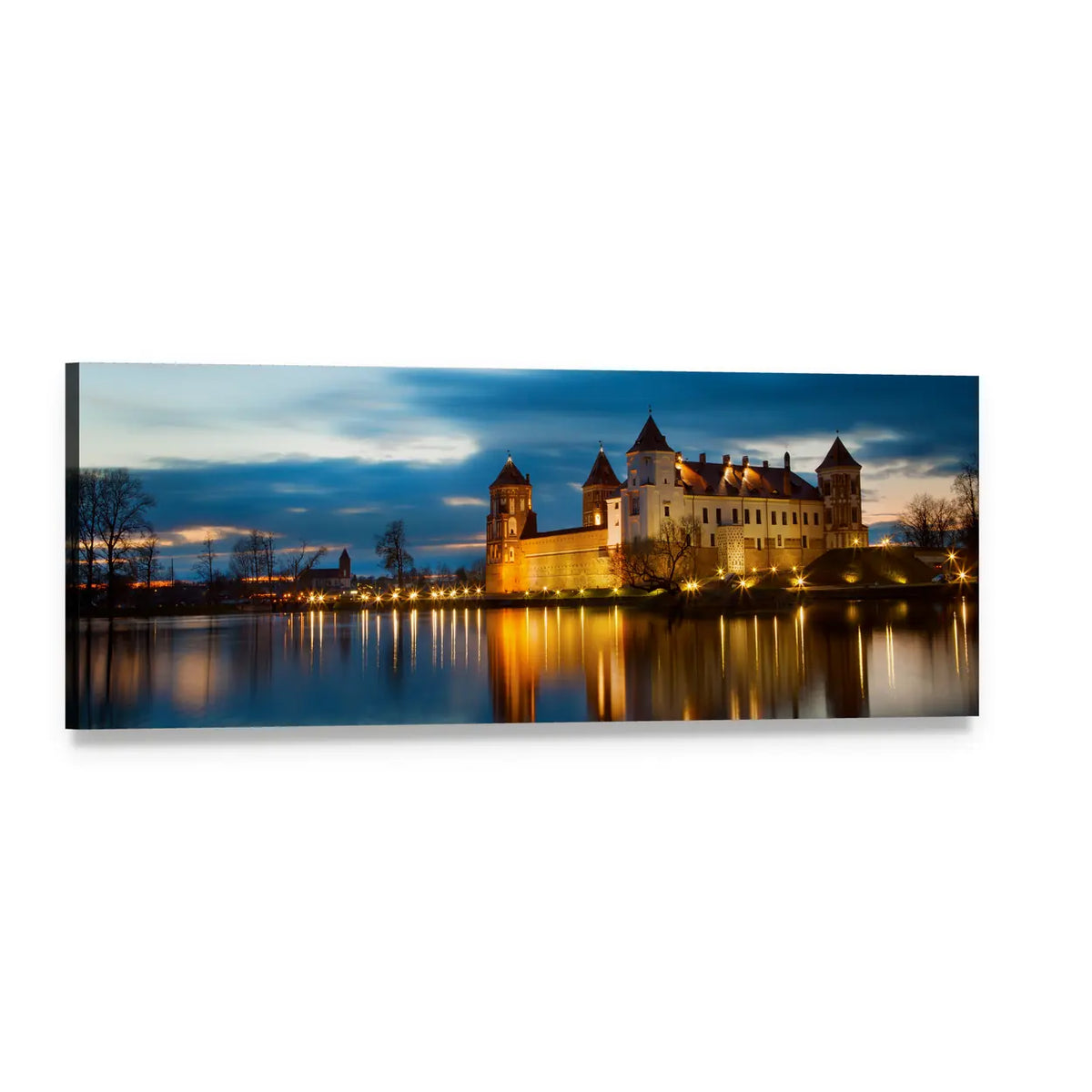 Illuminated Castle Reflection at Dusk Panoramic Canvas Wall Art, single panel gallery wrapped canvas, angled product view