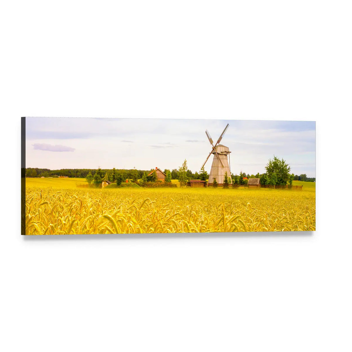 Wooden Windmill in Belarus Wheat Field Panoramic Canvas Wall Art, single panel gallery wrapped canvas, angled product view