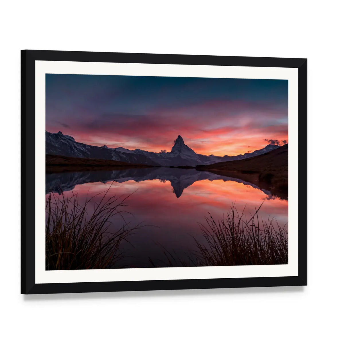 Matterhorn Reflection in Stelli Lake Canvas Wall Art, framed print with white mat and black frame, angled product view