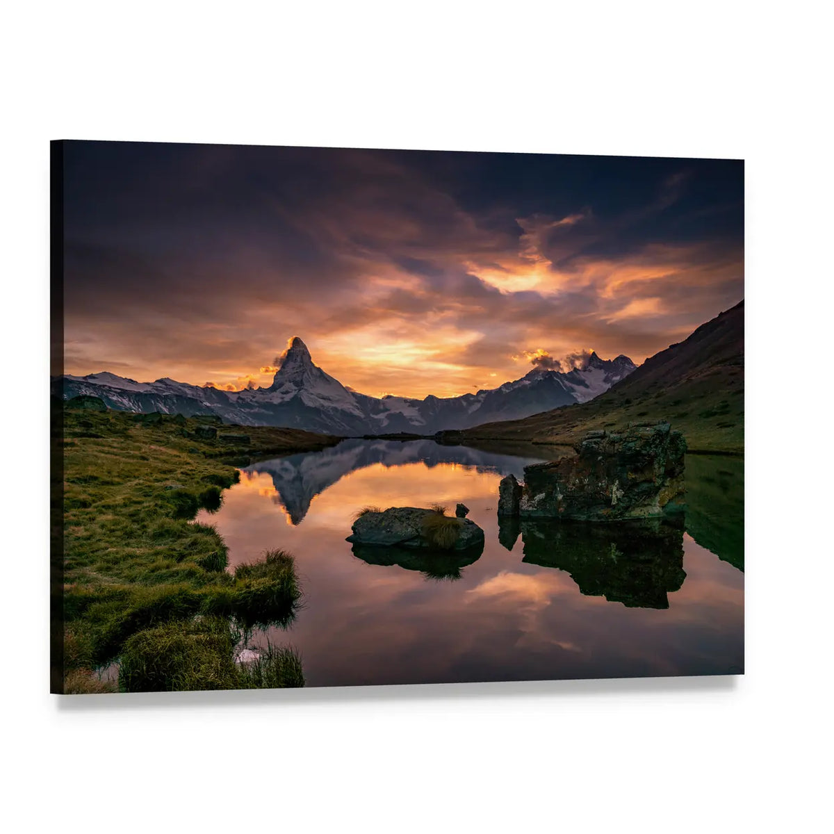 Sunset Reflection at Matterhorn and Stelli Lake Canvas Wall Art, single panel gallery wrapped canvas, angled product view