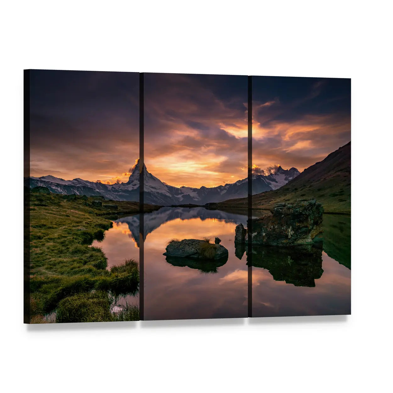 Sunset Reflection at Matterhorn and Stelli Lake Canvas Wall Art, 3 panel 3 Horizontal layout gallery wrapped canvas set, angled product view