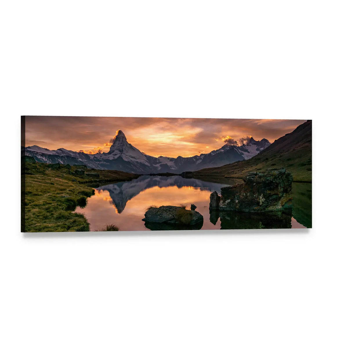 Sunset at Matterhorn Panoramic Canvas Wall Art, single panel gallery wrapped canvas, angled product view