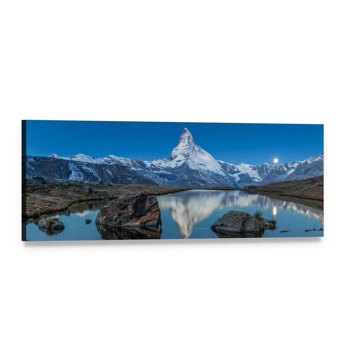 Stellilake Afternoon Matterhorn Reflection Panoramic Canvas Wall Art, single panel gallery wrapped canvas, angled product view