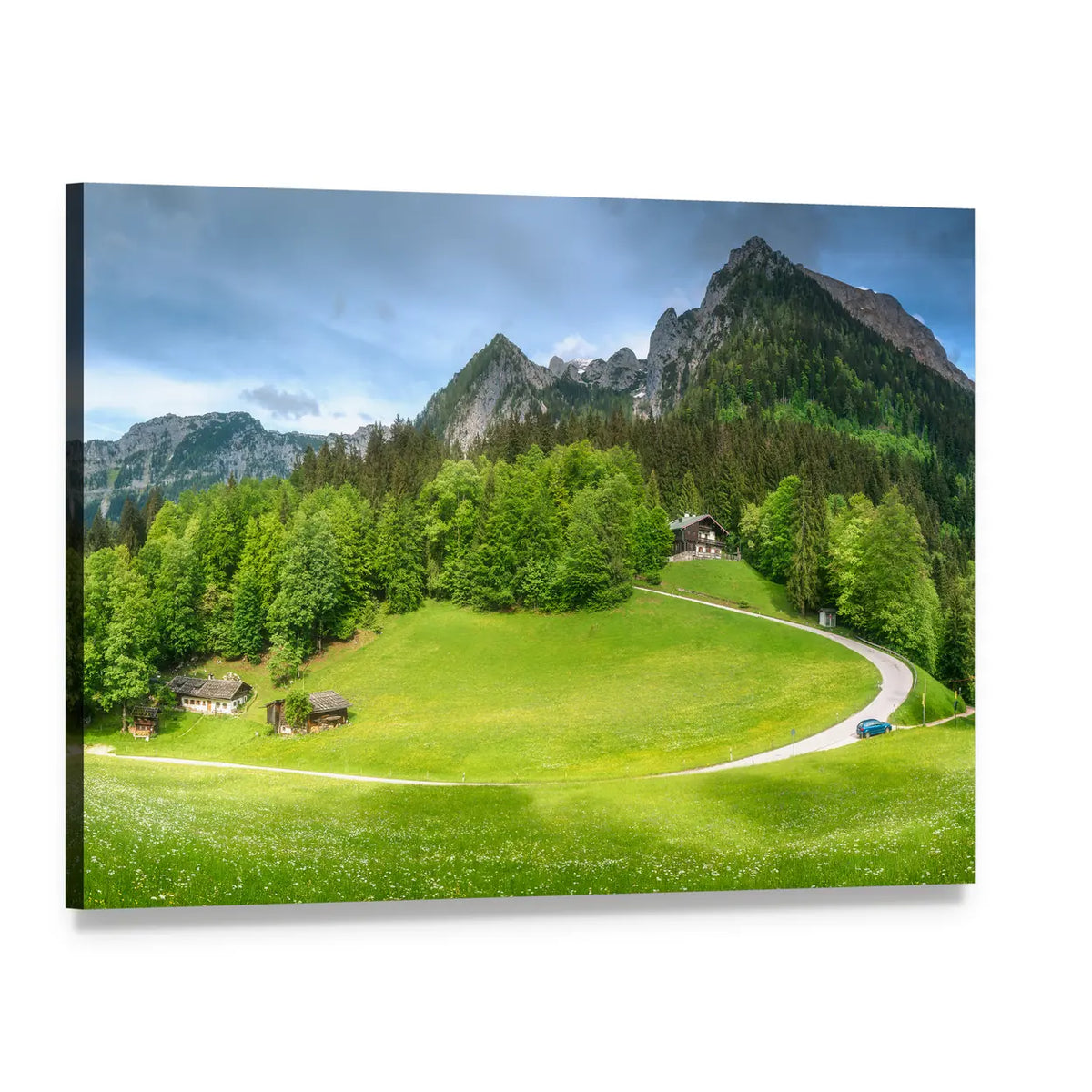 Alpine Meadow Road with Chalets Canvas Wall Art, single panel gallery wrapped canvas, angled product view