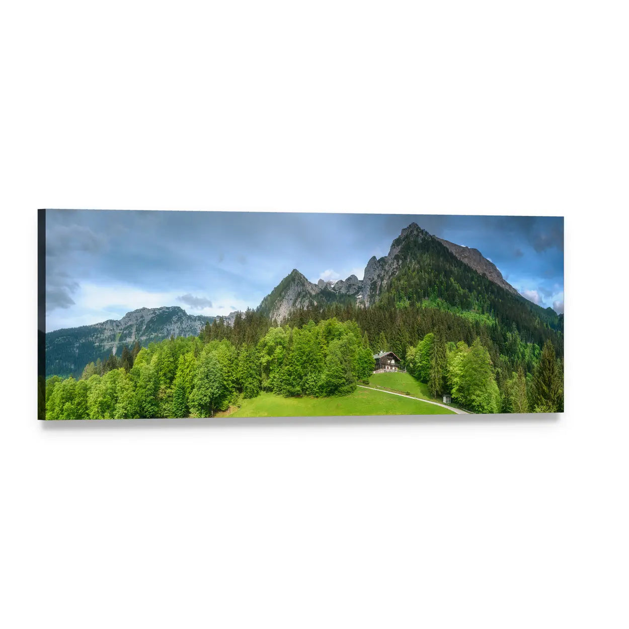 Alpine Meadow with Winding Path Panoramic Canvas Wall Art, single panel gallery wrapped canvas, angled product view