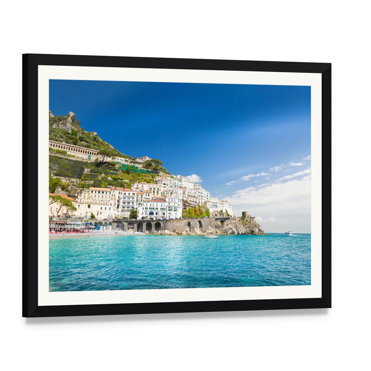 Amalfi Coast Cityscape Canvas Wall Art, framed print with white mat and black frame, angled product view