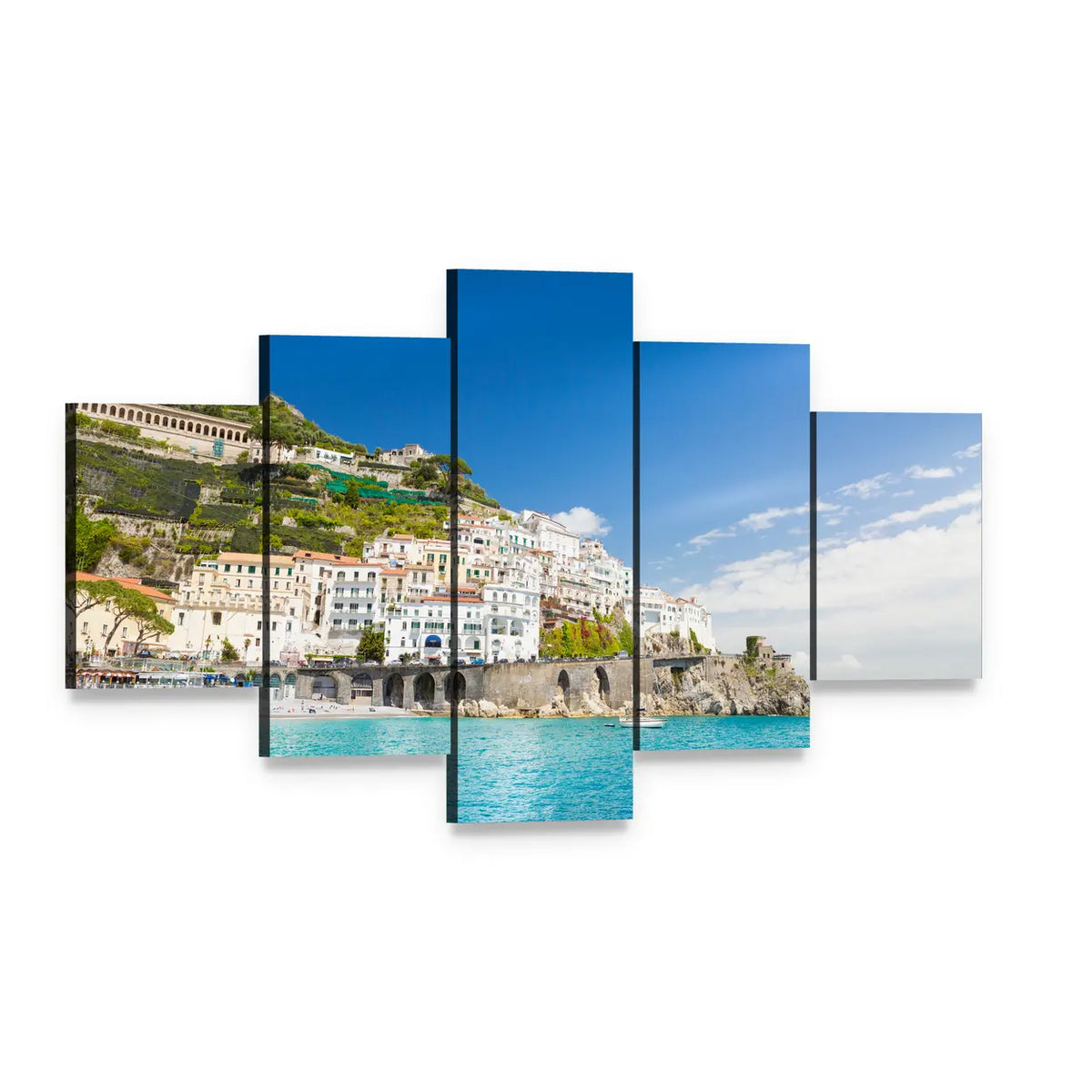 Amalfi Coast Cityscape Canvas Wall Art, 5 panel 5 Star layout gallery wrapped canvas set, angled product view