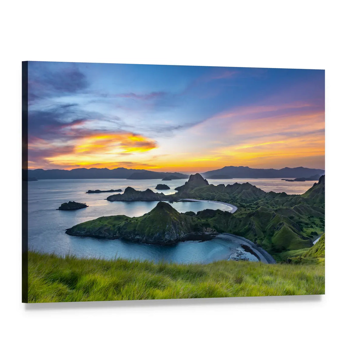 Sunlight Over Island Hills at Sunset Canvas Wall Art, single panel gallery wrapped canvas, angled product view