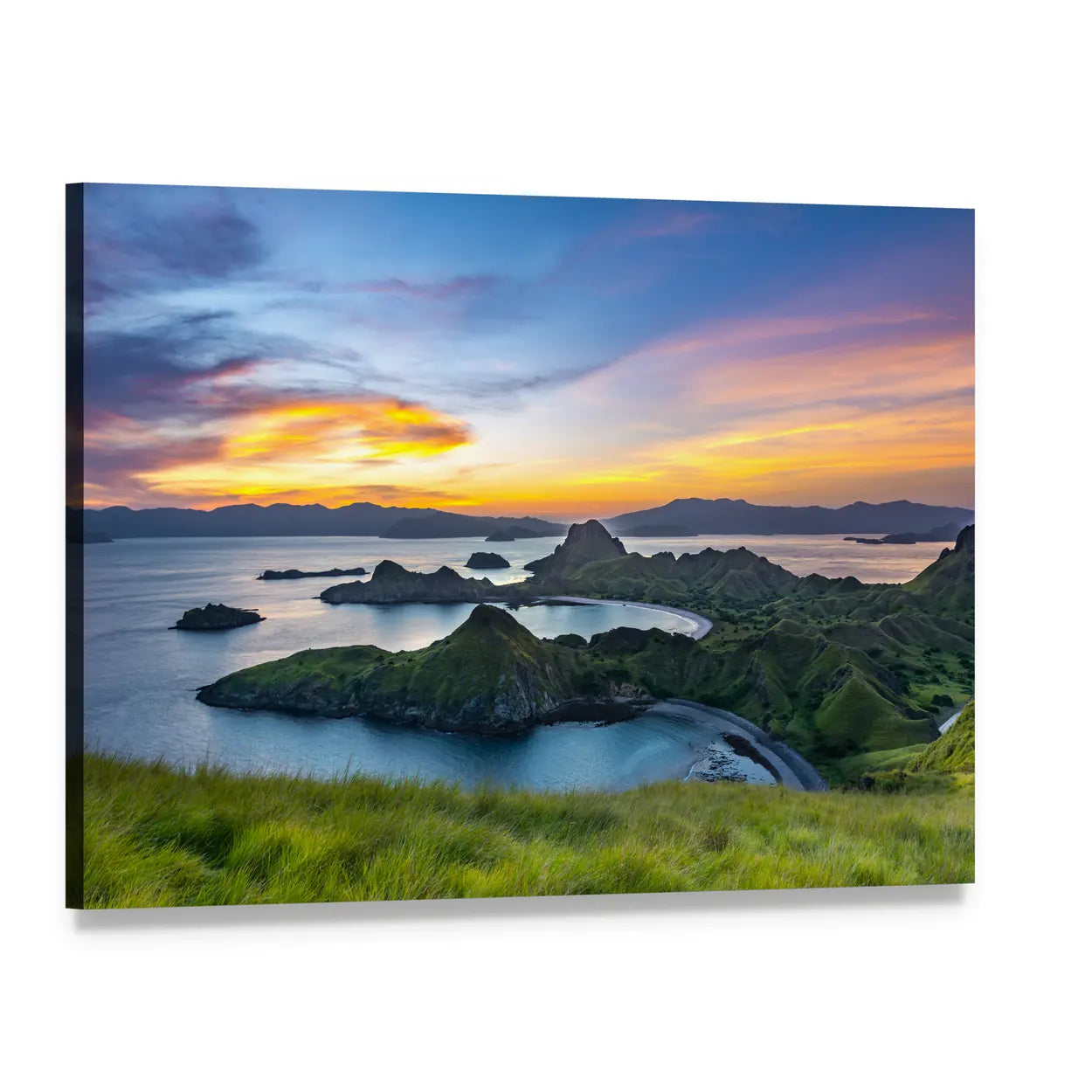 Padar Island Sunset Over Verdant Islands Canvas Wall Art, single panel gallery wrapped canvas, angled product view