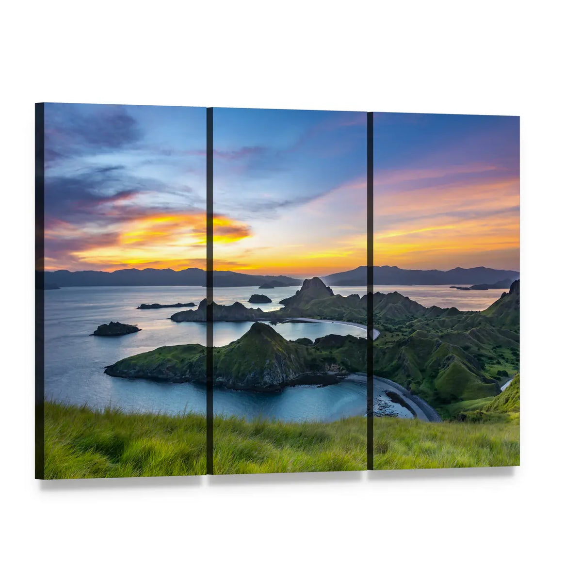 Sunlight Over Island Hills at Sunset Canvas Wall Art, 3 panel 3 Horizontal layout gallery wrapped canvas set, angled product view