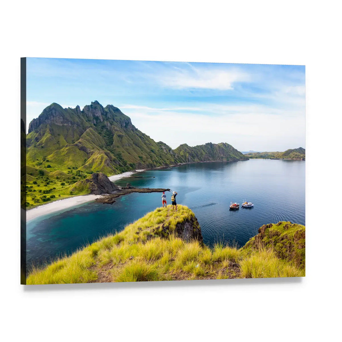 Hikers on Grassy Cliff Over Turquoise Bay Canvas Wall Art, single panel gallery wrapped canvas, angled product view