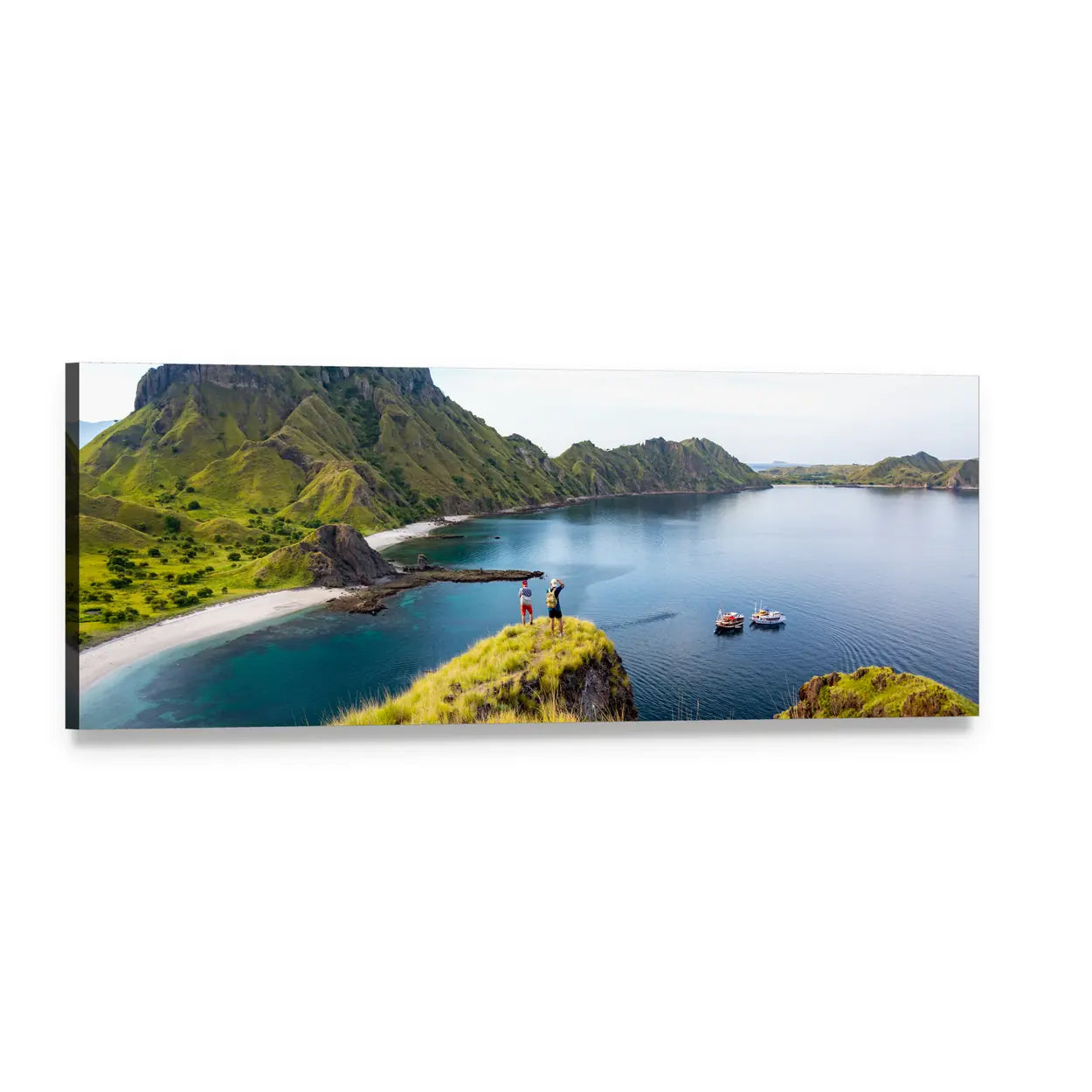 Hikers on Grassy Cliff Overlooking Coastal Bay Panoramic Canvas Wall Art, single panel gallery wrapped canvas, angled product view