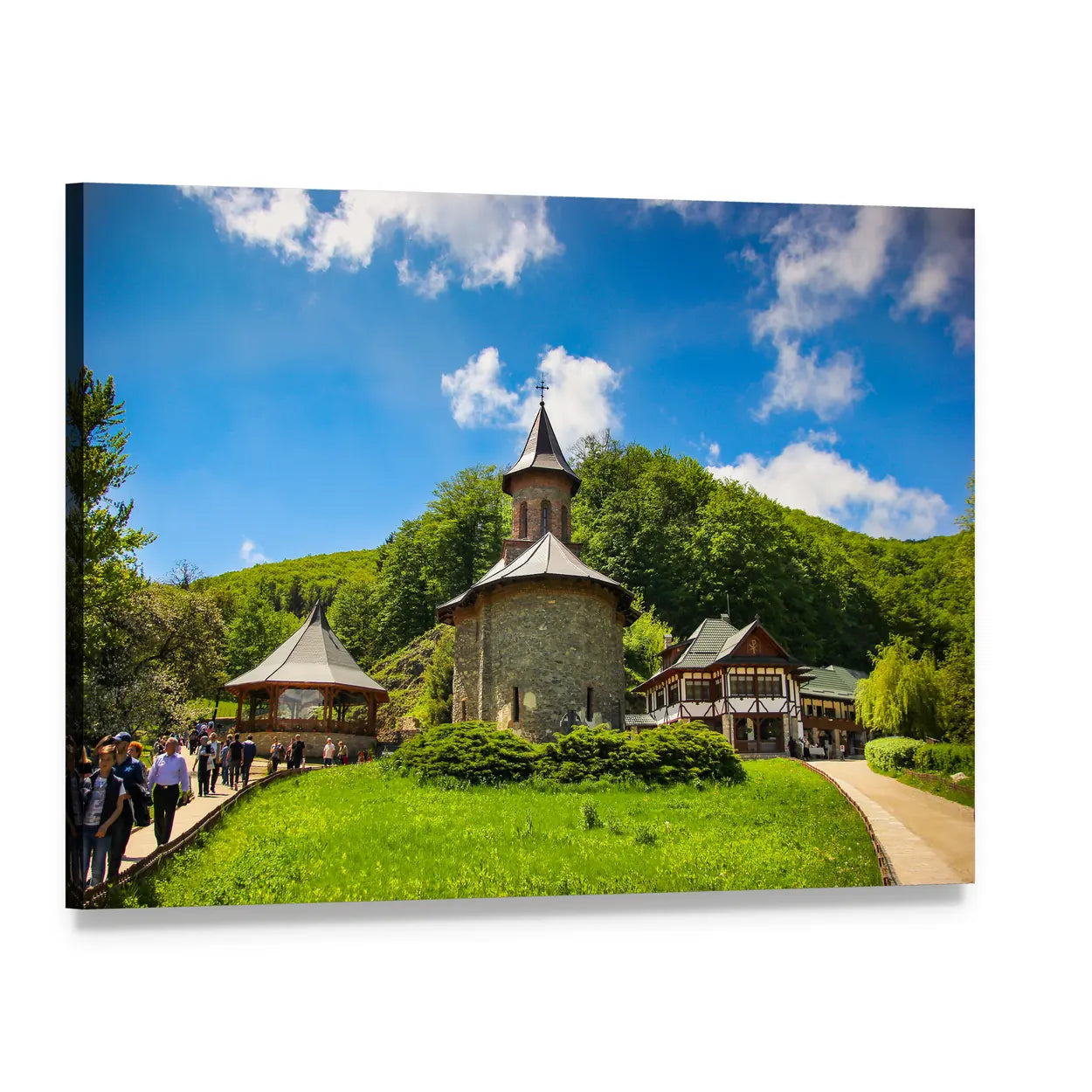 Stone Monastery and Thatched Village on Hillside Canvas Wall Art, single panel gallery wrapped canvas, angled product view