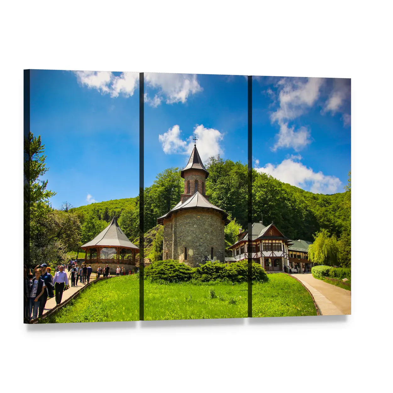 Stone Monastery and Thatched Village on Hillside Canvas Wall Art, 3 panel 3 Horizontal layout gallery wrapped canvas set, angled product view