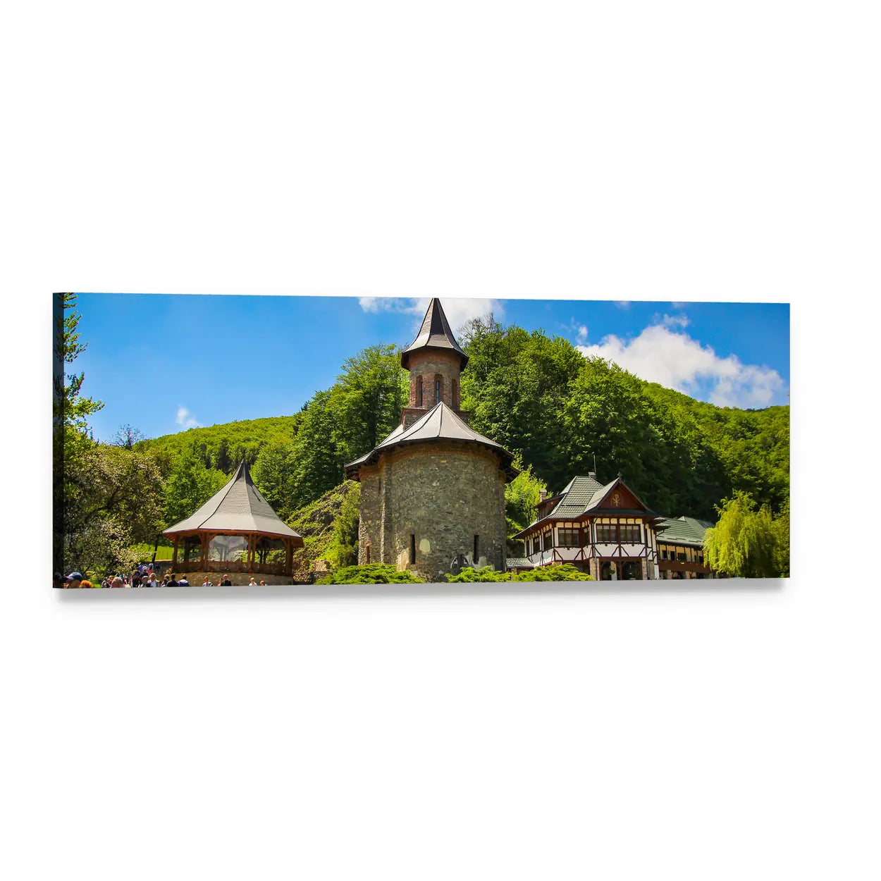 Prislop Monastery Among Green Hills Panoramic Canvas Wall Art, single panel gallery wrapped canvas, angled product view