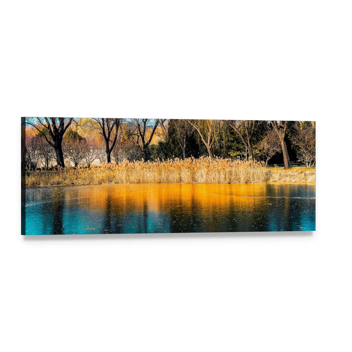 Autumn Trees by the Lake Panoramic Canvas Wall Art, single panel gallery wrapped canvas, angled product view