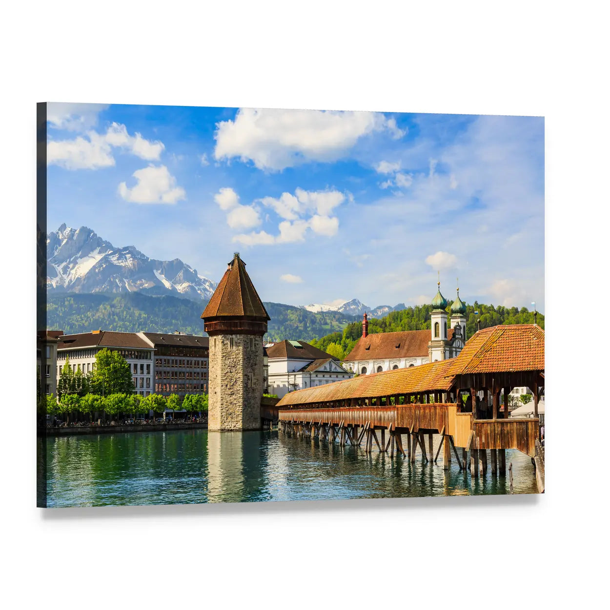 Chapel Bridge Over the Reuss River Canvas Wall Art, single panel gallery wrapped canvas, angled product view
