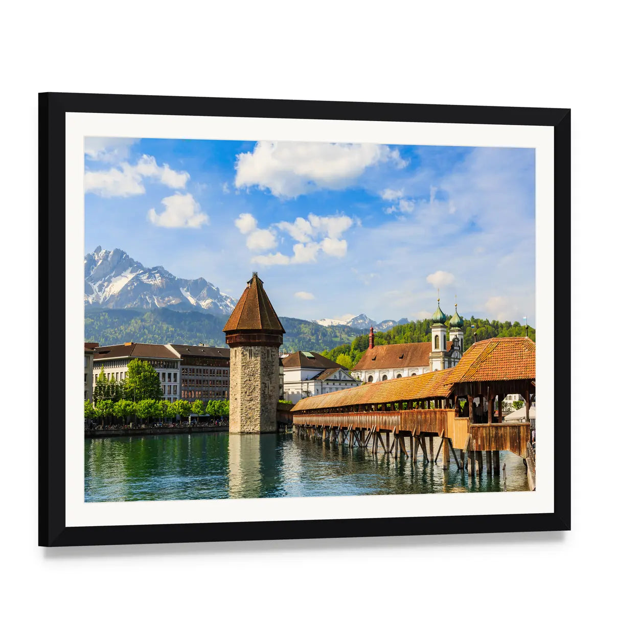 Chapel Bridge Over the Reuss River Canvas Wall Art, framed print with white mat and black frame, angled product view