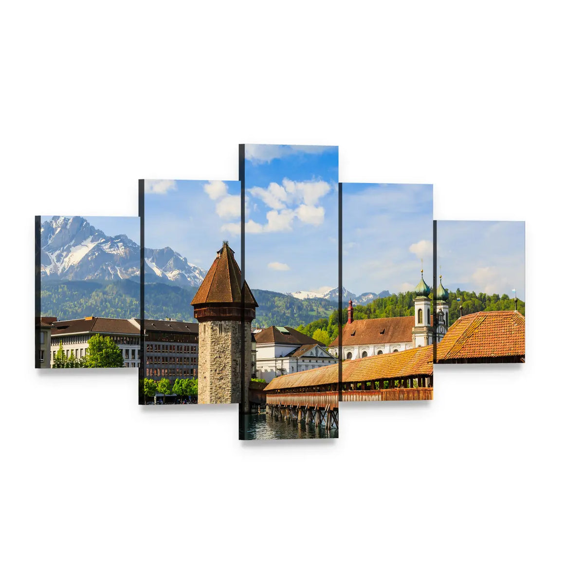 Chapel Bridge Over the Reuss River Canvas Wall Art, 5 panel 5 Star layout gallery wrapped canvas set, angled product view