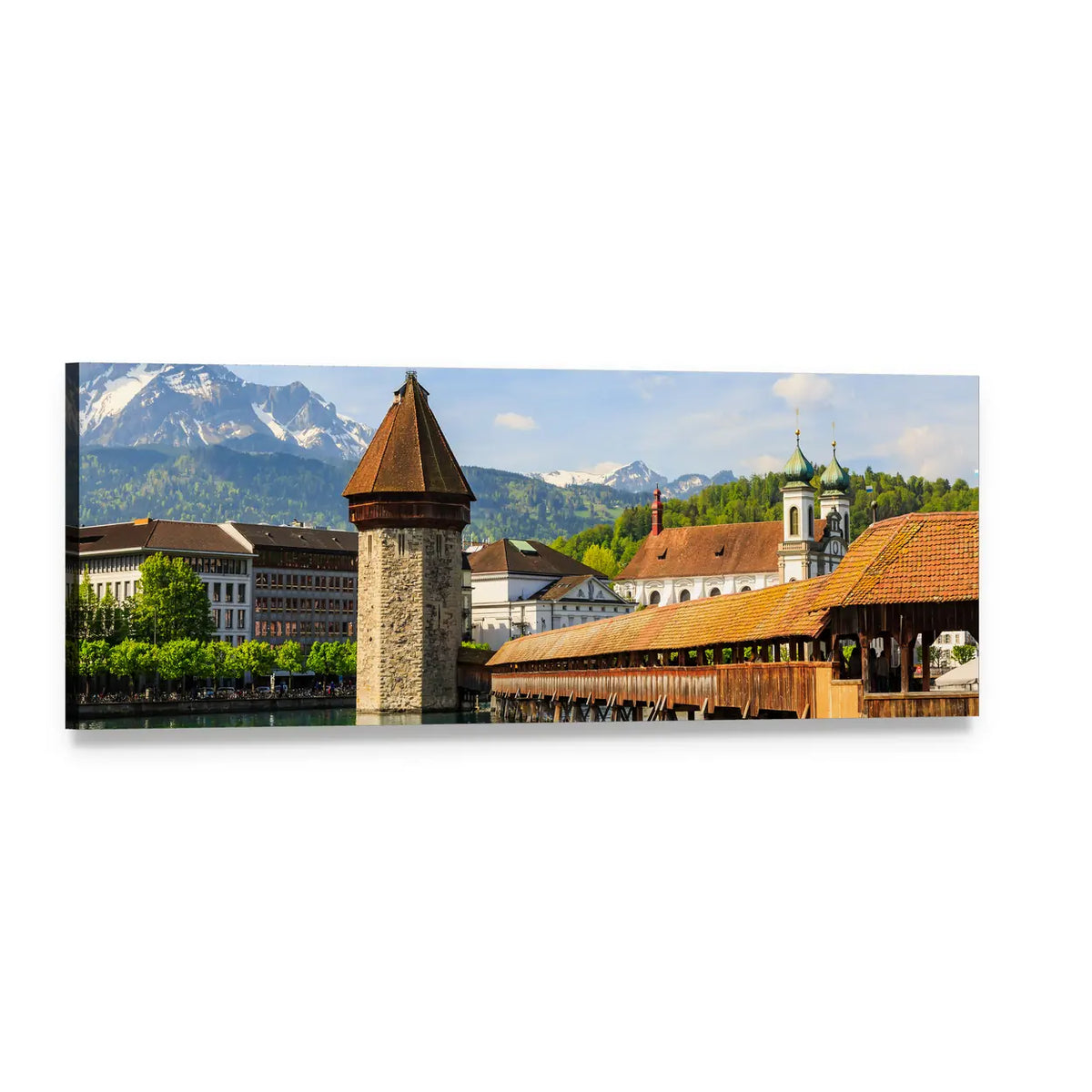 Chapel Bridge and Reuss River Panoramic Canvas Wall Art, single panel gallery wrapped canvas, angled product view