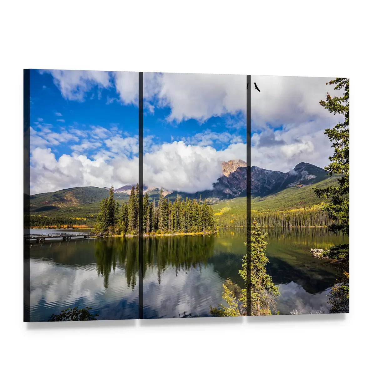 Autumn Morning Lake with Island and Mountains Canvas Wall Art, 3 panel 3 Horizontal layout gallery wrapped canvas set, angled product view