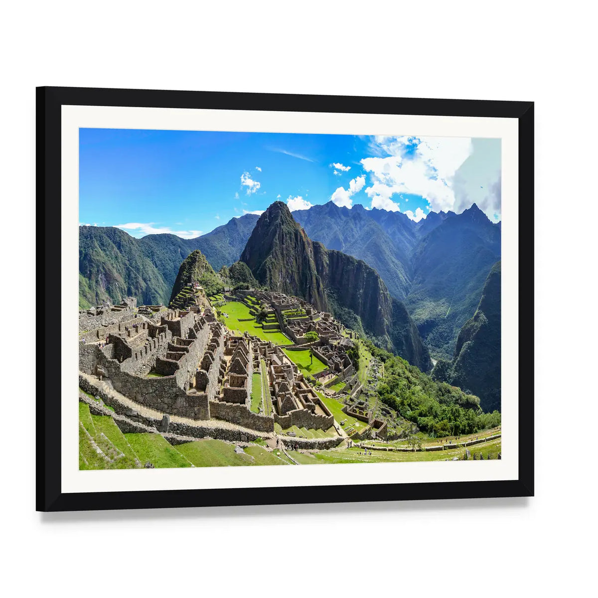 Machu Picchu Ancient Ruins Canvas Wall Art, framed print with white mat and black frame, angled product view