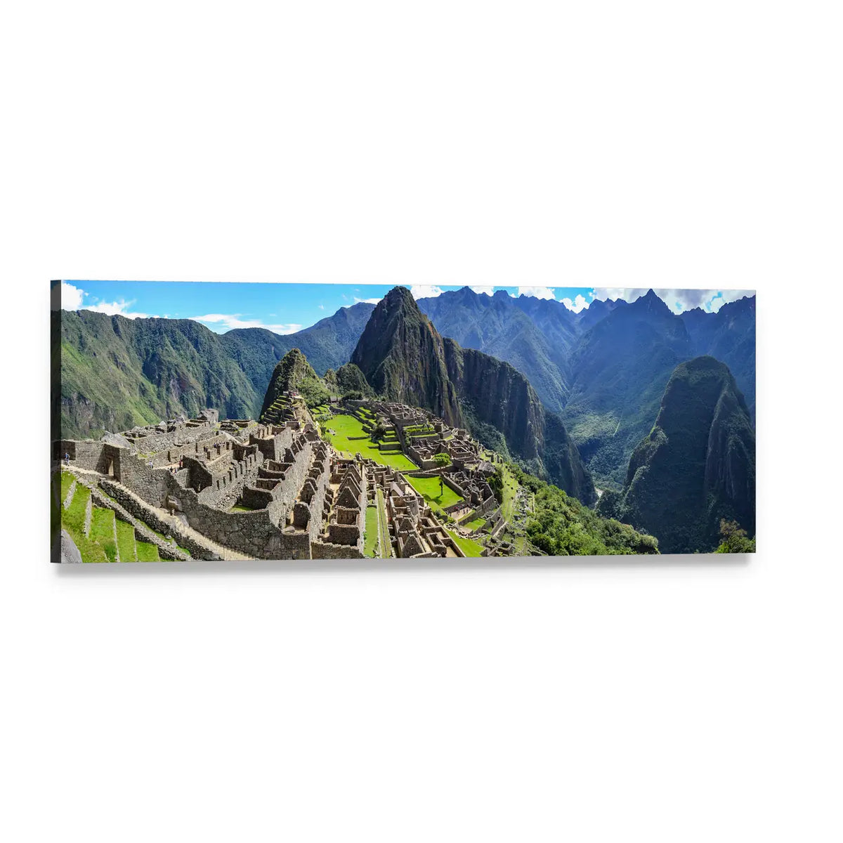 Machu Picchu Ancient Incan Ruins Panoramic Canvas Wall Art, single panel gallery wrapped canvas, angled product view