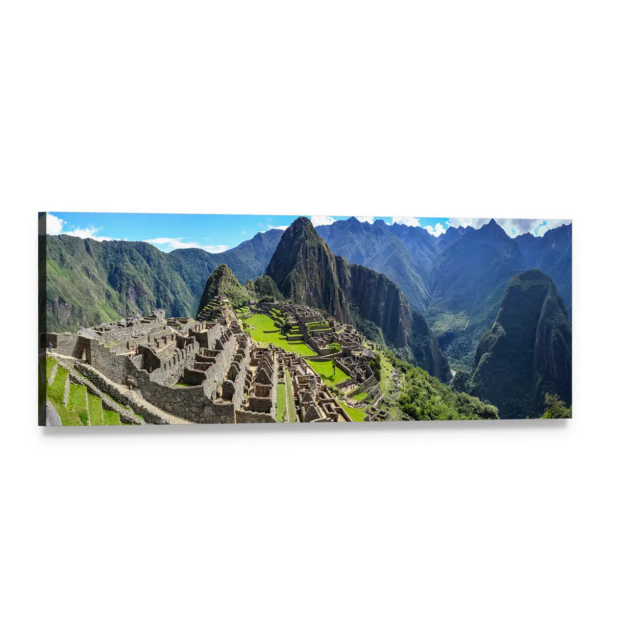 Machu Picchu Ancient Incan Ruins Panoramic Canvas Wall Art, single panel gallery wrapped canvas, angled product view