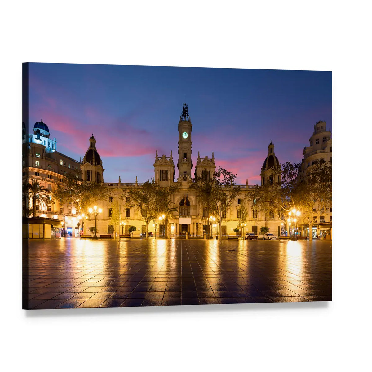 Valencia City Hall at Twilight Canvas Wall Art, single panel gallery wrapped canvas, angled product view