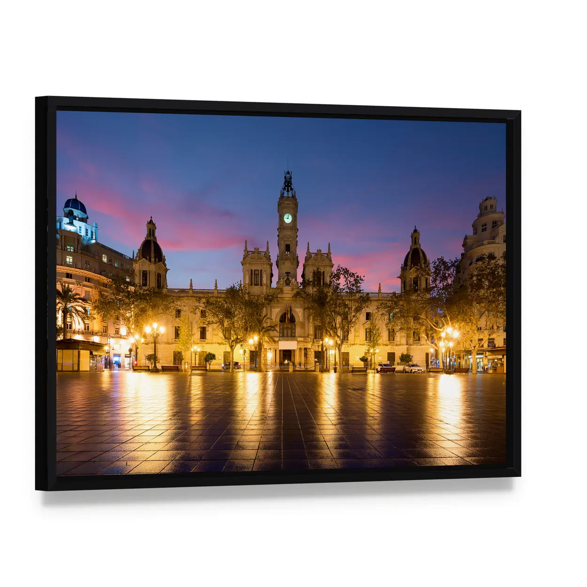 Valencia City Hall at Twilight Canvas Wall Art, framed canvas in a black floater frame, angled product view