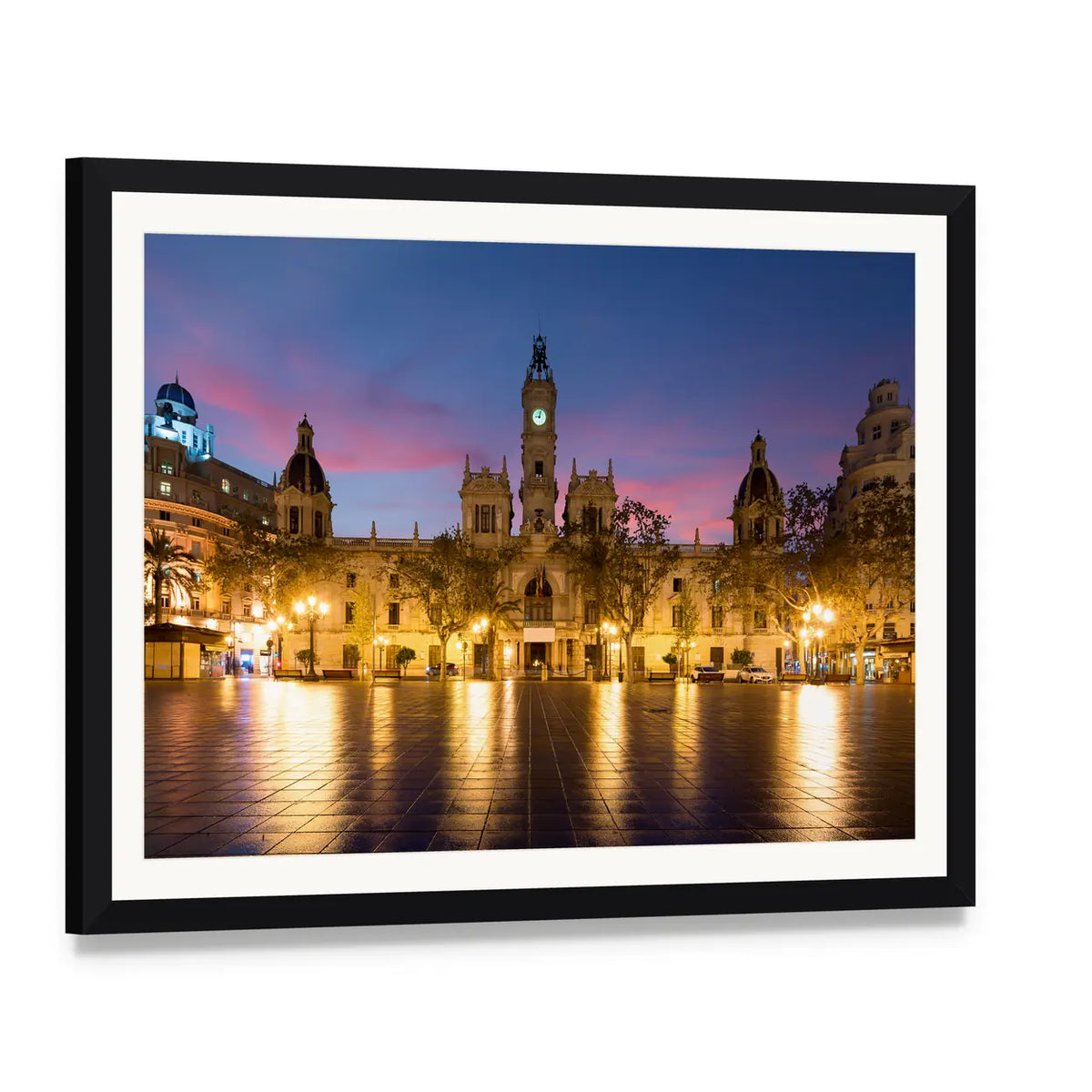 Valencia City Hall at Twilight Canvas Wall Art, framed print with white mat and black frame, angled product view