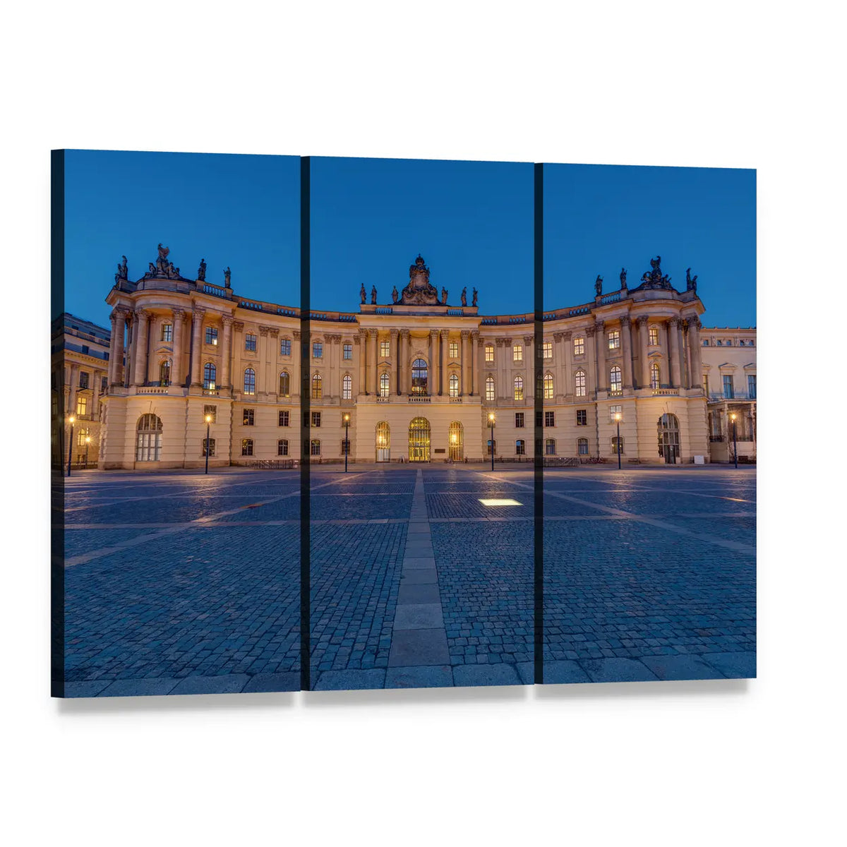 Historic University Building at Night Canvas Wall Art, 3 panel 3 Horizontal layout gallery wrapped canvas set, angled product view