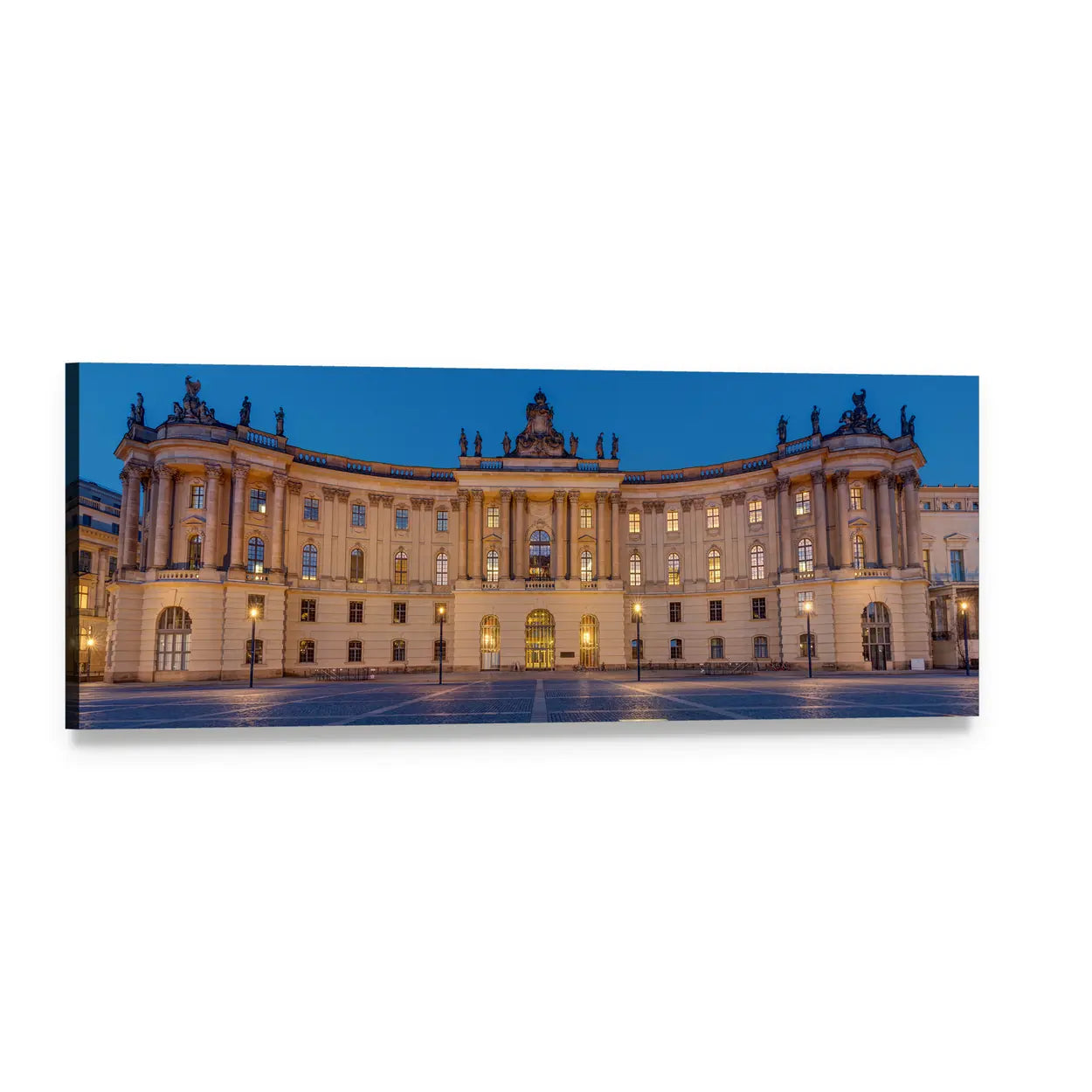 Neoclassical City Square at Twilight Panoramic Canvas Wall Art, single panel gallery wrapped canvas, angled product view